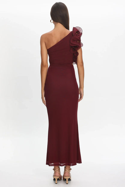 Deanna One-Shoulder Ruffle Maxi Dress Wine
