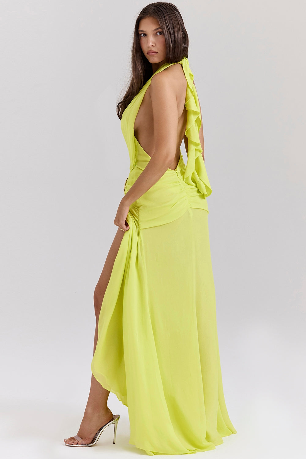 acid lime backless halter maxi dress