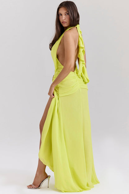 acid lime backless halter maxi dress