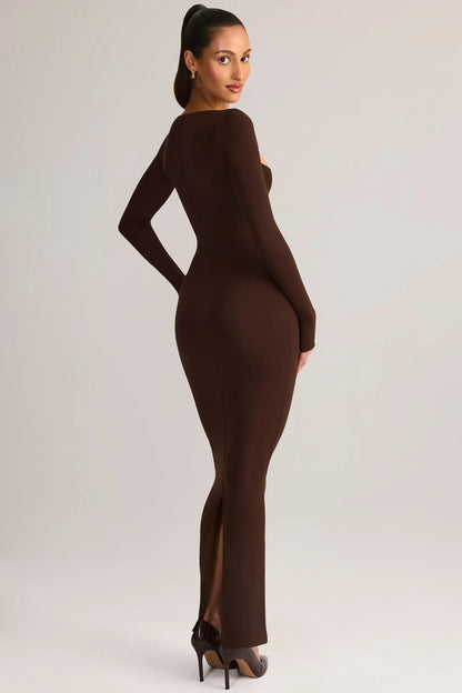 Modal Square-Neck Bodycon Maxi Dress in Chocolate Brown