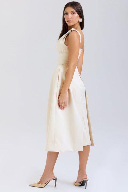 vintage cream satin pleated midi dress - sale