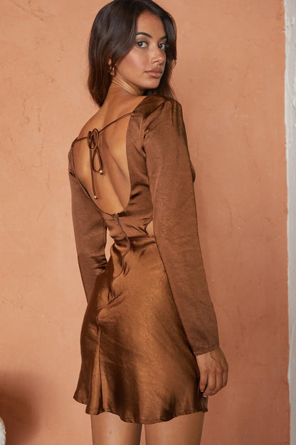 Shaken Not Stirred Cut-Out Waist Long Sleeve Pleat Mini Dress Chocolate