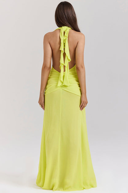 acid lime backless halter maxi dress