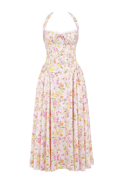 pink meadow print cotton halter midi sundress