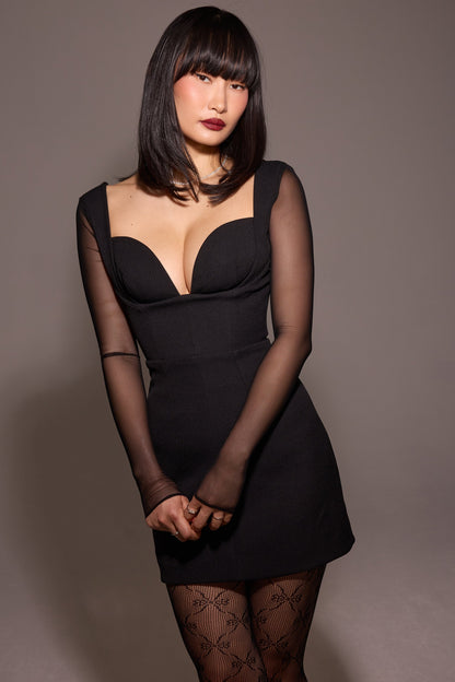 black stretch crepe plunge mini dress
