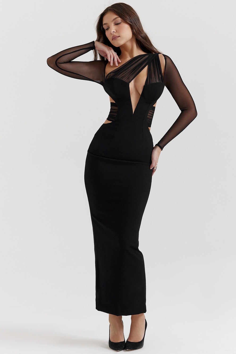 black plunge maxi dress
