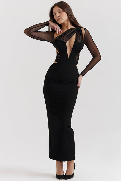 black plunge maxi dress