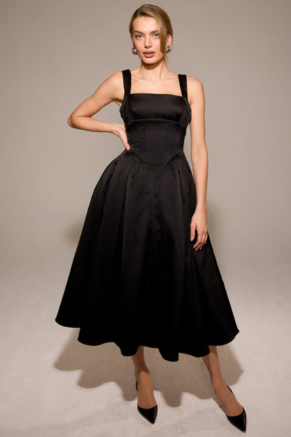 black textured satin corset midi dress