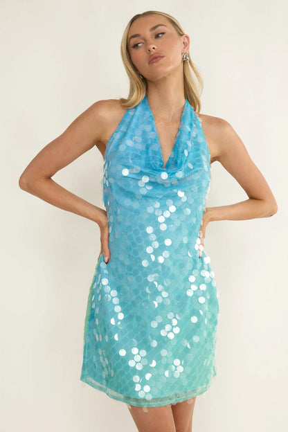 Misky Cowl Neck Sequin Mini Dress Blue Multi