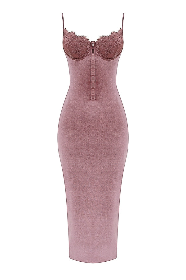 soft pink velvet midi dress