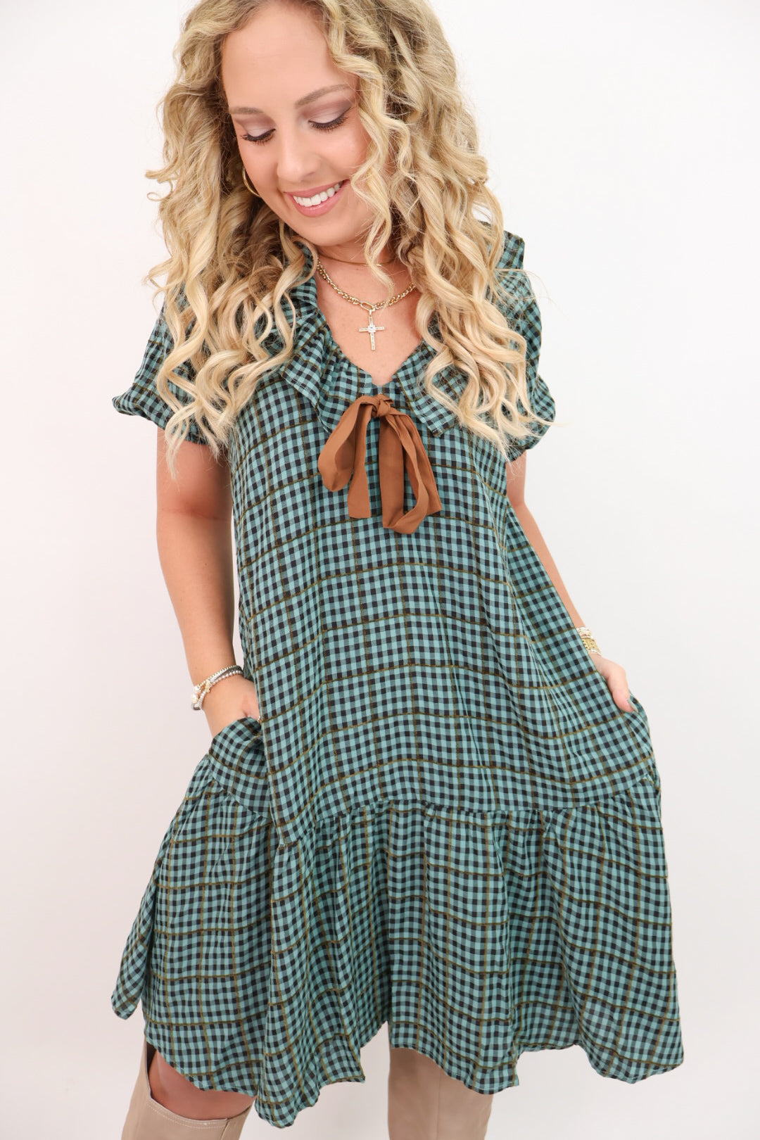 Green Plaid Bow Tie Babydoll Dress