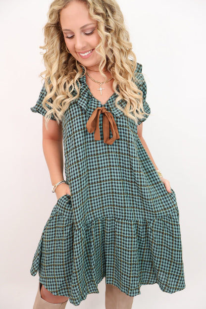Green Plaid Bow Tie Babydoll Dress
