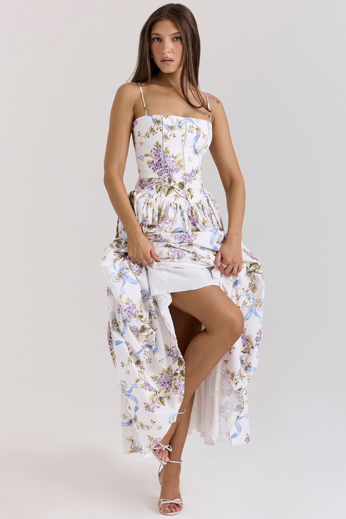 off white vintage ribbon print cotton midi sundress
