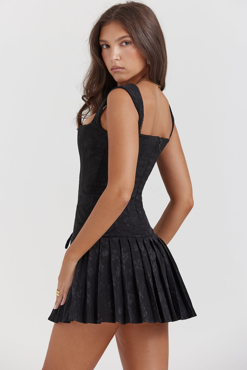 black pleated mini dress