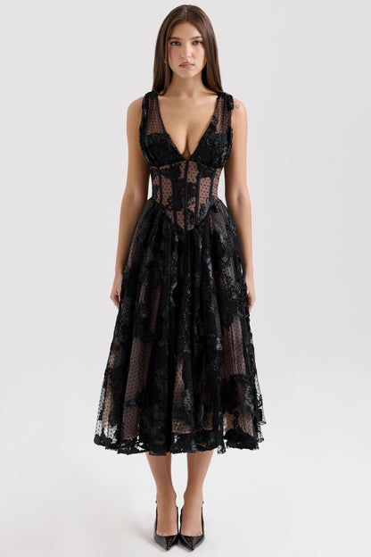 black embroidered tulle corset midi dress