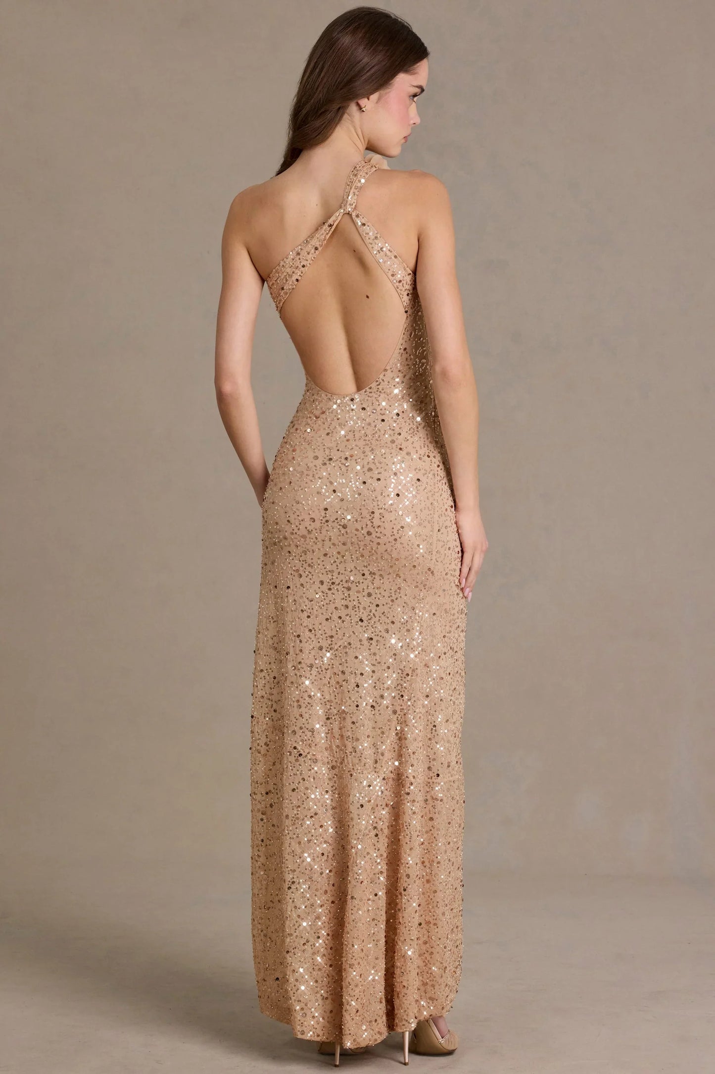 Embellished Asymmetric One-Shoulder Maxi Dress in Beige Gold