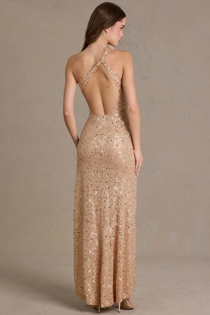 Embellished Asymmetric One-Shoulder Maxi Dress in Beige Gold
