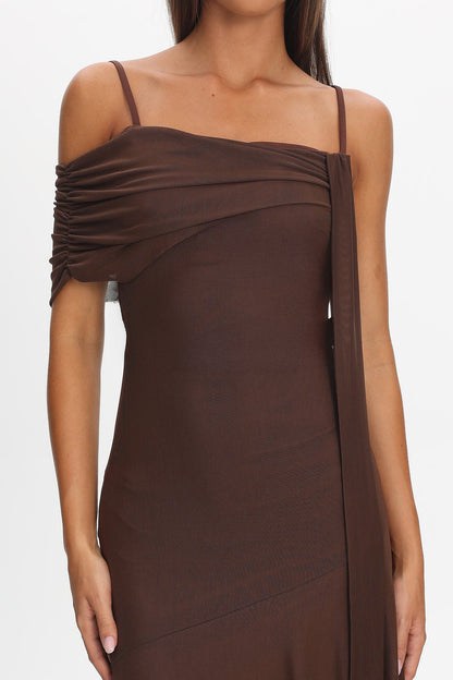 Millitah Asymmetric Hem Mesh Maxi Dress Chocolate