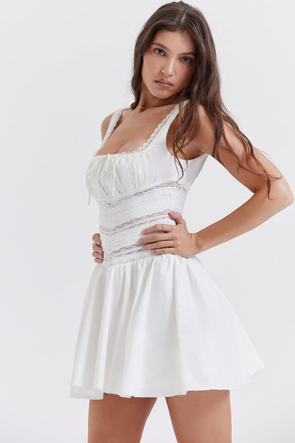 white lace trim mini dress