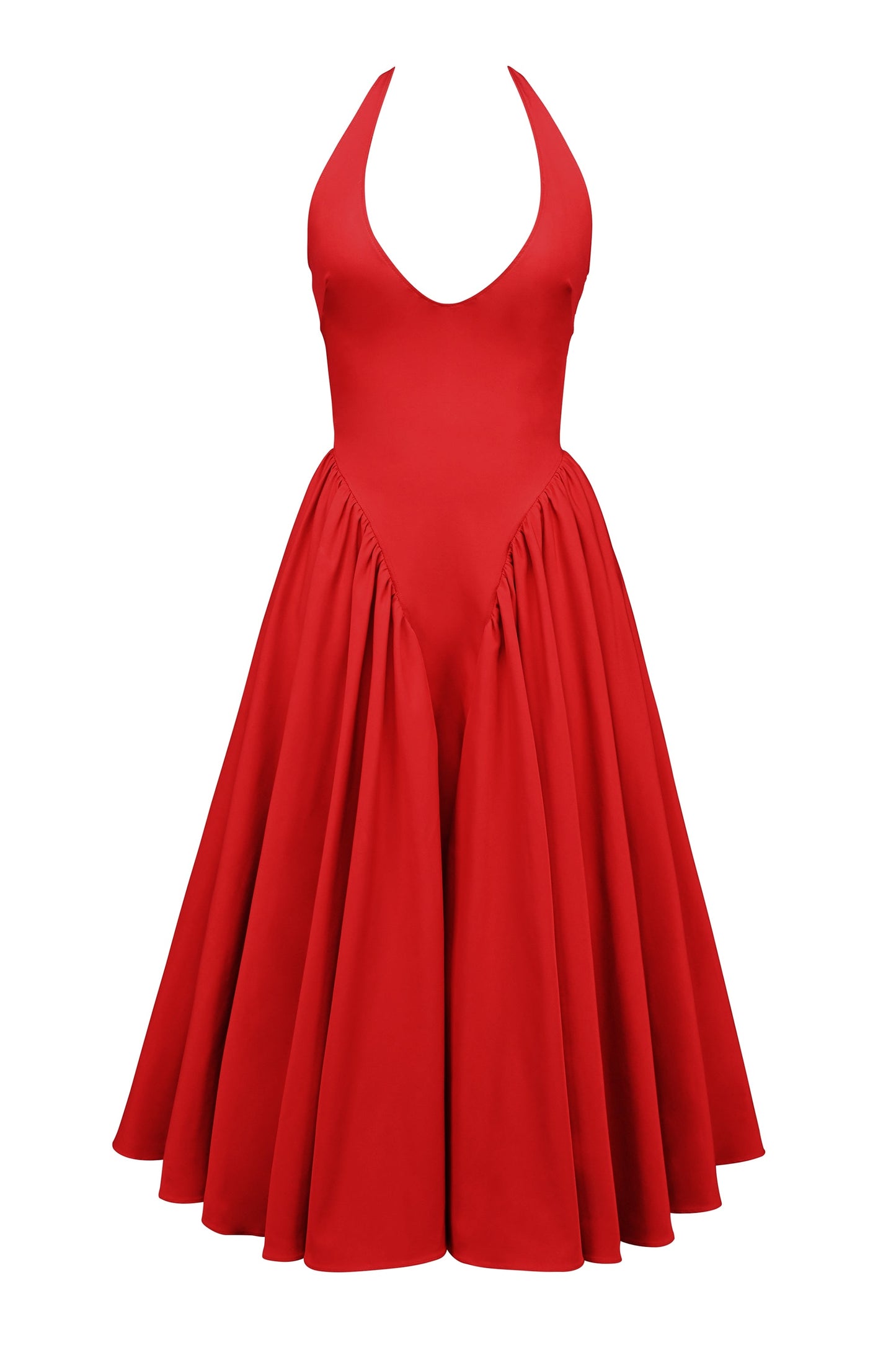 red twill halter midi dress