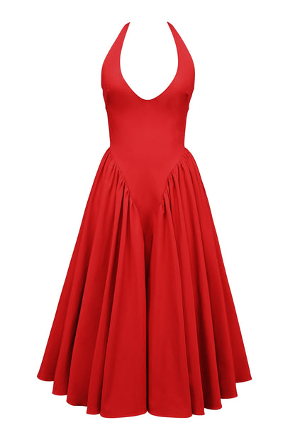 red twill halter midi dress