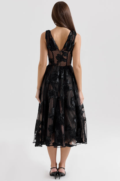 black embroidered tulle corset midi dress