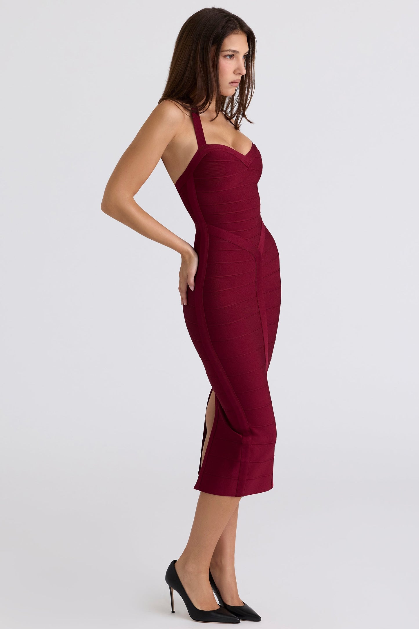 ruby halter neck bandage midi dress