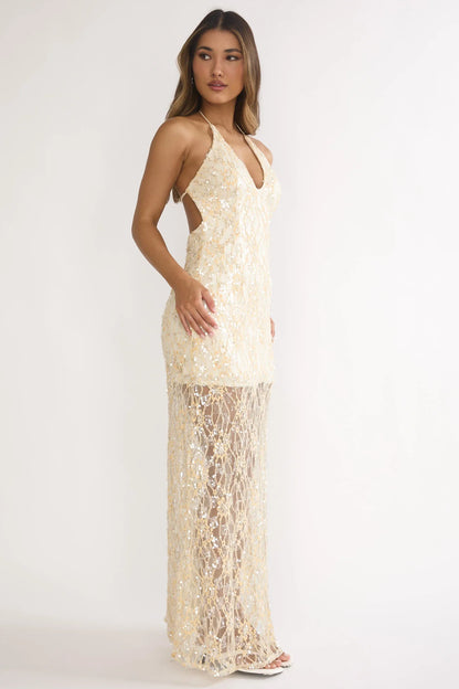 One Night Halterneck Maxi Dress Sequin Butter