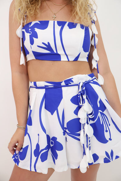 Blue and White Floral Shorts Set