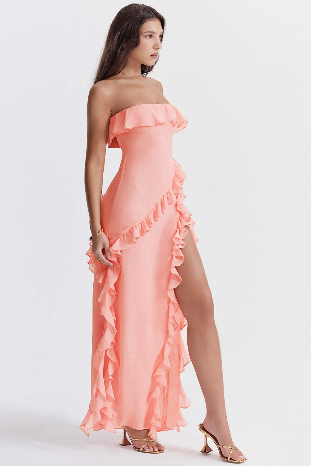 apricot ruffle maxi dress