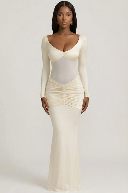 Bow-Detail Ruched Maxi Dress in Ivory