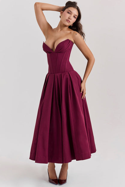 wine strapless midi dress