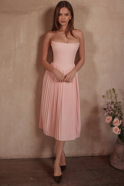 pink pleated midi corset dress