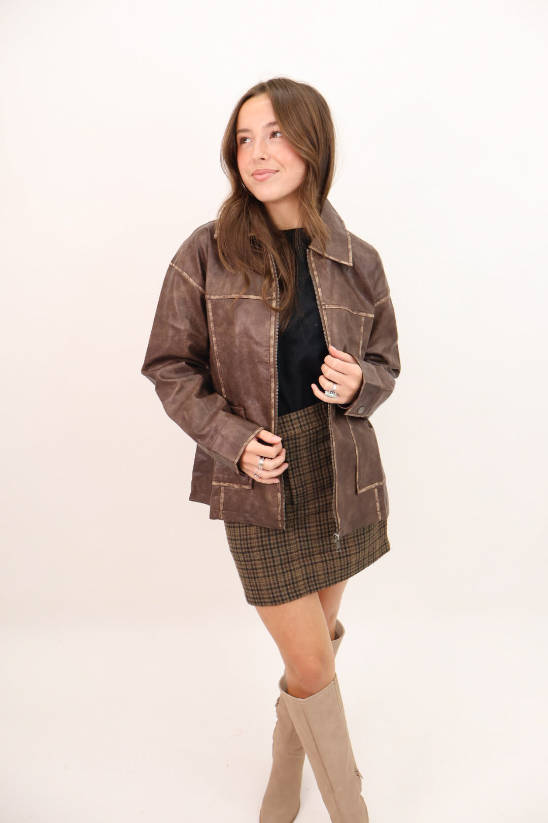 Oversized Brown Faux Leather Jacket