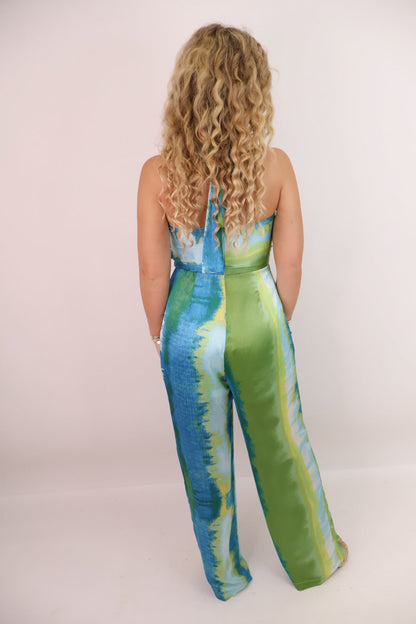 Blue Green Watercolor Cutout Jumpsuit
