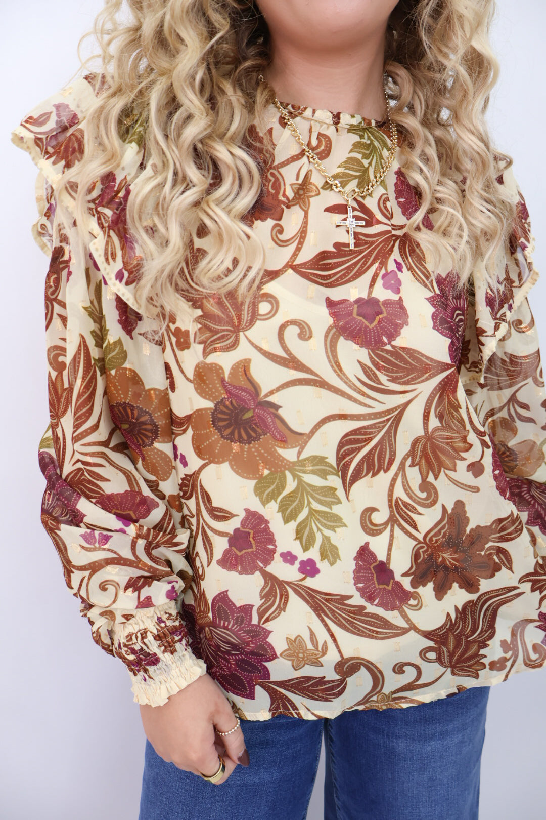 Burgundy & Rust Floral Ruffle Shoulder Top