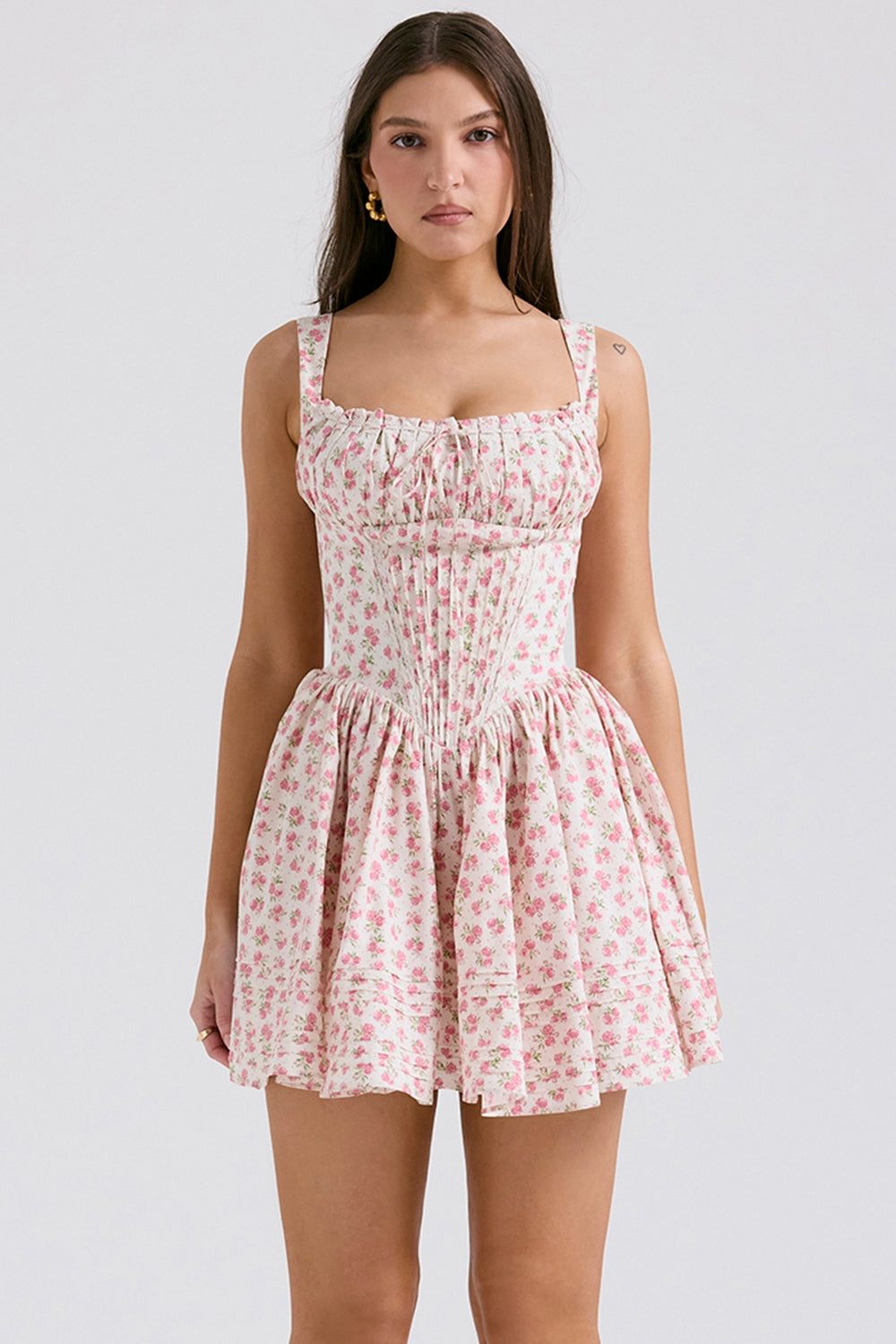 white rosebud print cotton mini dress