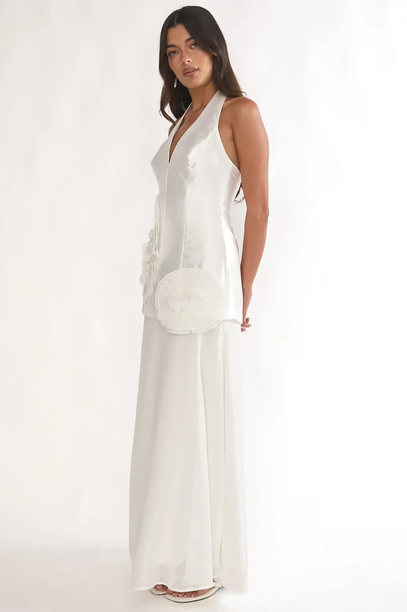 Elyria 3D Ruffle Halter Maxi Dress White