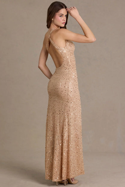Embellished Asymmetric One-Shoulder Maxi Dress in Beige Gold