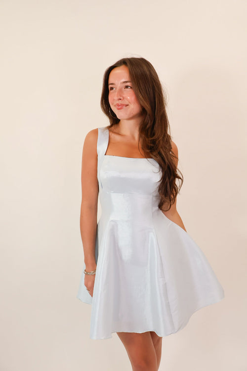 Powder Blue Bow Back Satin Mini Dress