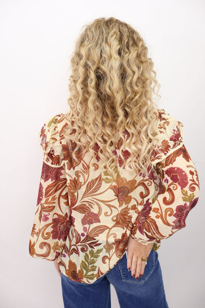 Burgundy & Rust Floral Ruffle Shoulder Top