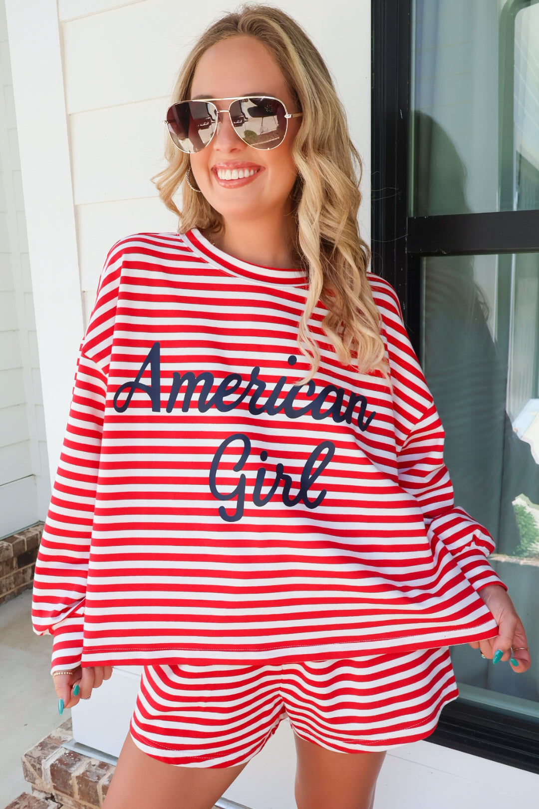 American Girl Stripe Sweatshirt & Shorts Set