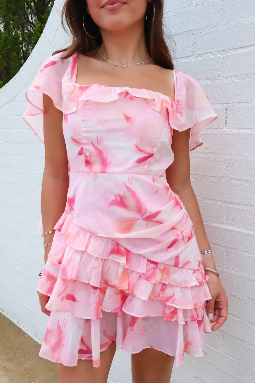 Pink Floral Cape Mini Dress