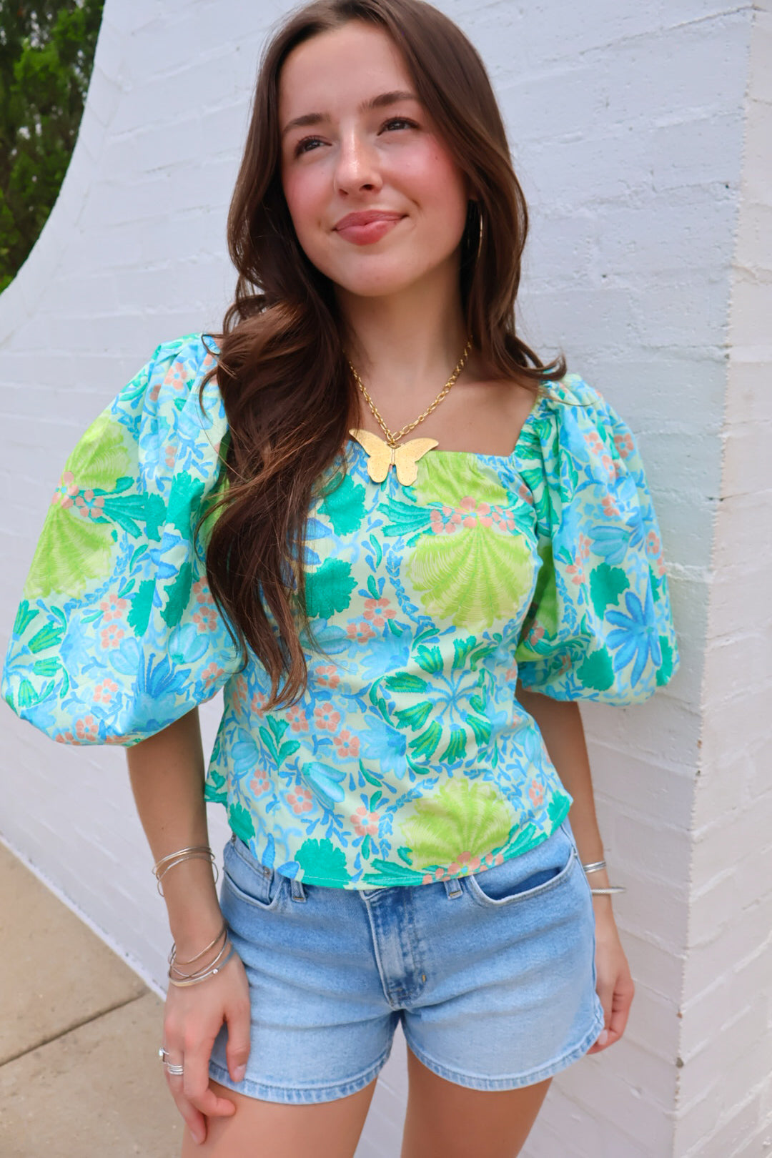 Green and Blue Floral Puff Sleeve Top