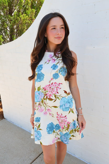 Blue Floral Linen Blend Shift Dress