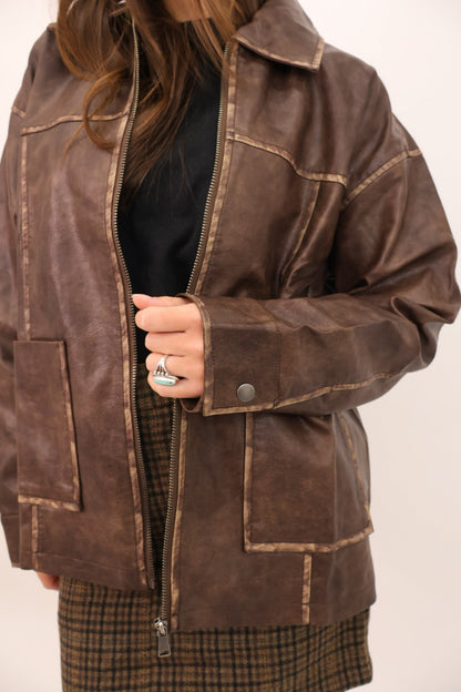 Oversized Brown Faux Leather Jacket