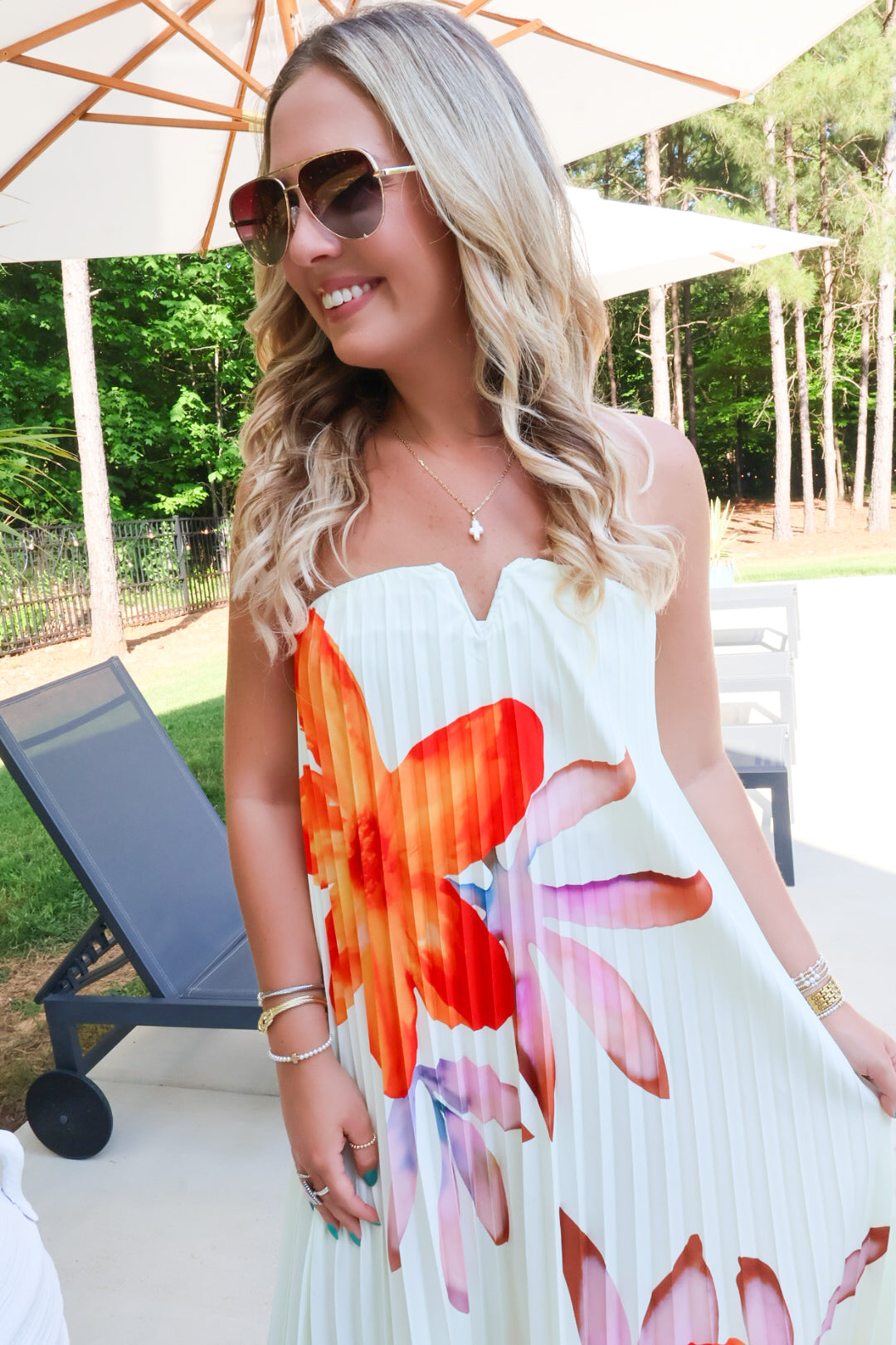 Strapless Pleated Floral Maxi Dress