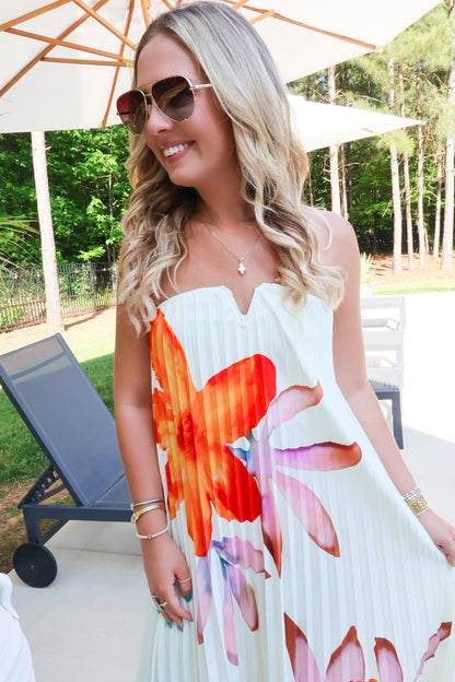 Strapless Pleated Floral Maxi Dress