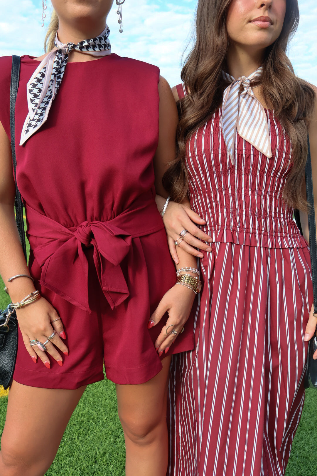 Maroon and White Striped Smocked Midi Dress