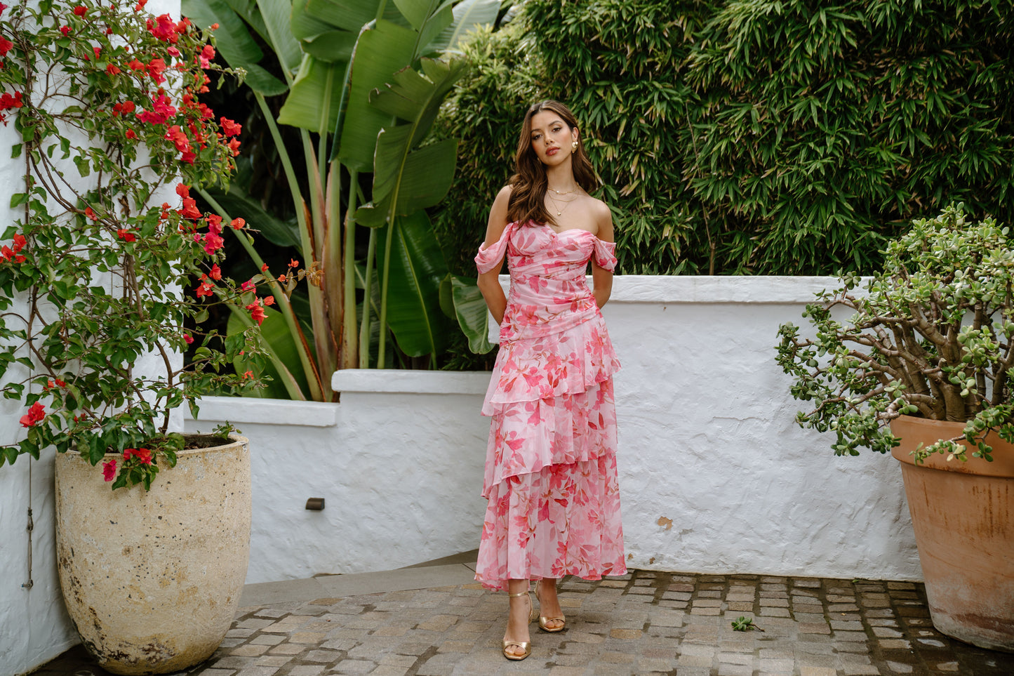 Jenna Drop Shoulder Pink Floral Maxi Dress